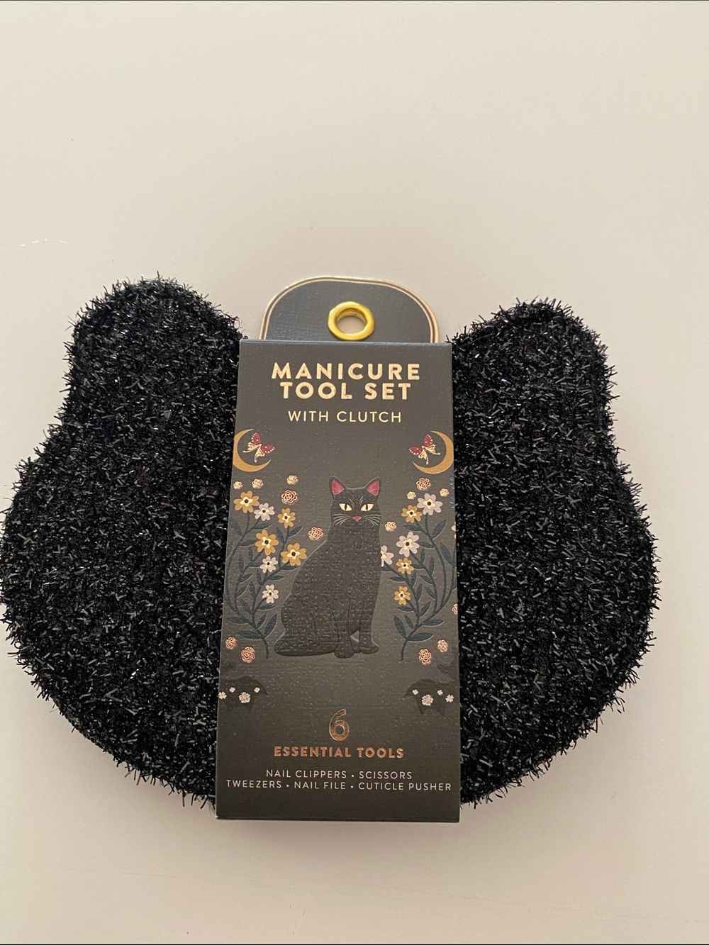 Black Cat Manicure Tool Set with Fuzzy Cat Clutch | 6-Piece Travel Nail Kit